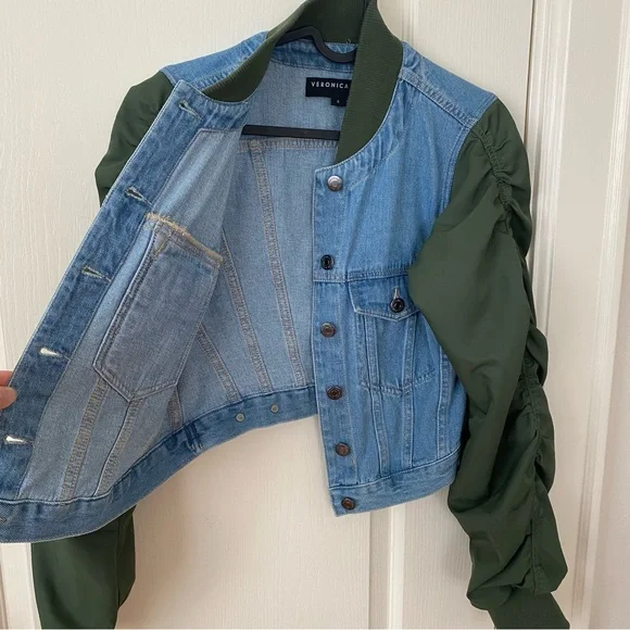 $498 NWOT Veronica Beard Emelia Denim Paneled Ruched Sleeves Bomber Jacket sz S